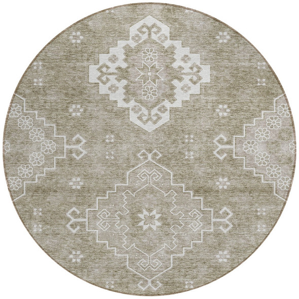8' Taupe Beige And Ivory Round Medallion Washable Indoor Outdoor Area Rug