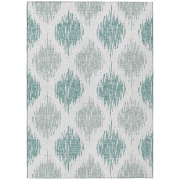 3' X 5' Aqua Teal Blue And Ivory Ikat Washable Indoor Outdoor Area Rug