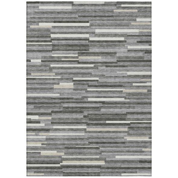 9' X 12' Gray And Ivory Striped Washable Indoor Outdoor Area Rug