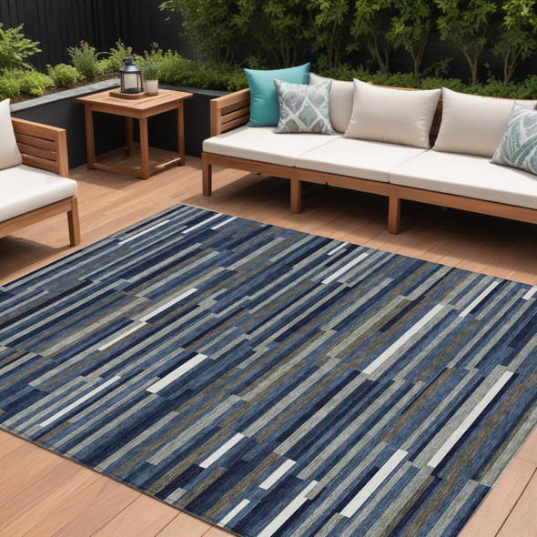 8' X 10' Navy Blue Gray And Ivory Striped Washable Indoor Outdoor Area Rug