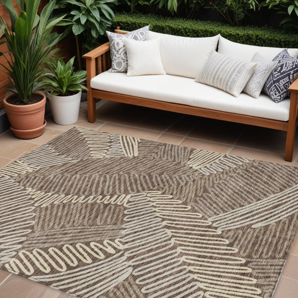 10' X 14' Chocolate And Ivory Floral Washable Indoor Outdoor Area Rug