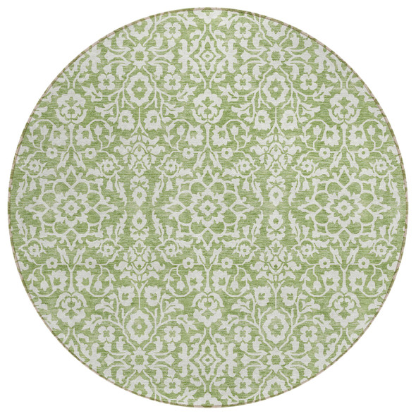 8' Green And Ivory Round Damask Washable Indoor Outdoor Area Rug