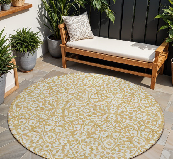 8' Gold And Beige Round Damask Washable Indoor Outdoor Area Rug