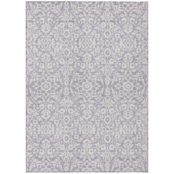 5' X 8' Lavender And Ivory Damask Washable Indoor Outdoor Area Rug