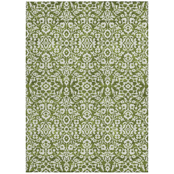9' X 12' Olive Green And Ivory Damask Washable Indoor Outdoor Area Rug