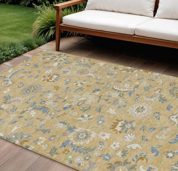 10' X 14' Wheat Blue And Ivory Floral Washable Indoor Outdoor Area Rug