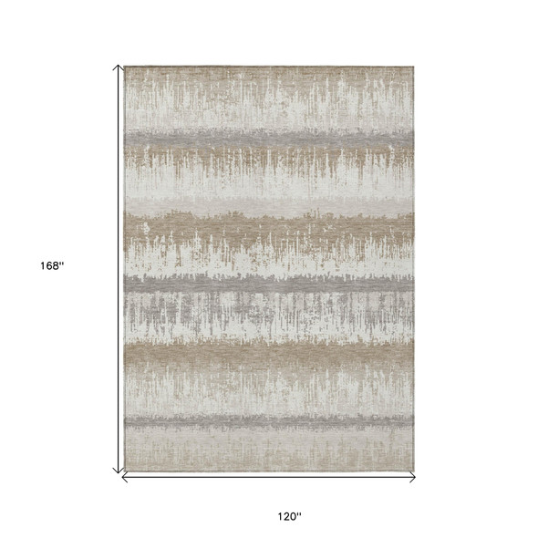 10' X 14' Ivory Gray And Beige Striped Washable Indoor Outdoor Area Rug