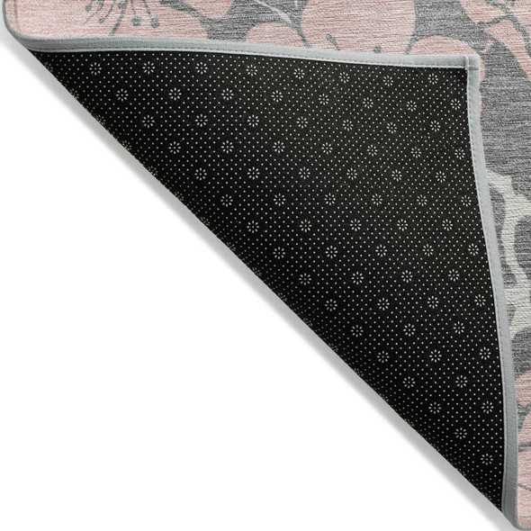 9' X 12' Gray Pink And Ivory Floral Washable Indoor Outdoor Area Rug