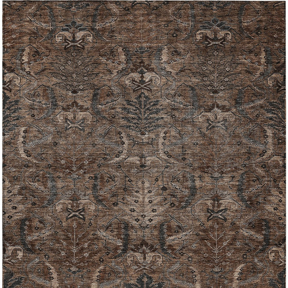 5' X 8' Brown Tan And Charcoal Damask Washable Indoor Outdoor Area Rug