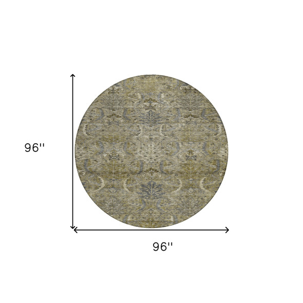 8' Taupe And Gray Round Damask Washable Indoor Outdoor Area Rug
