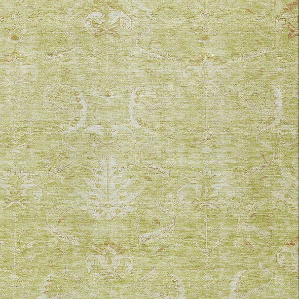 9' X 12' Artichoke Green And Ivory Damask Washable Indoor Outdoor Area Rug