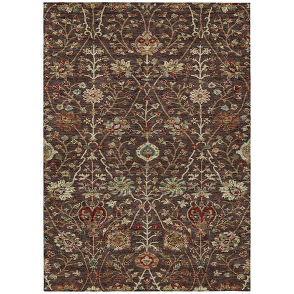 9' X 12' Chocolate Tan And Green Floral Washable Indoor Outdoor Area Rug