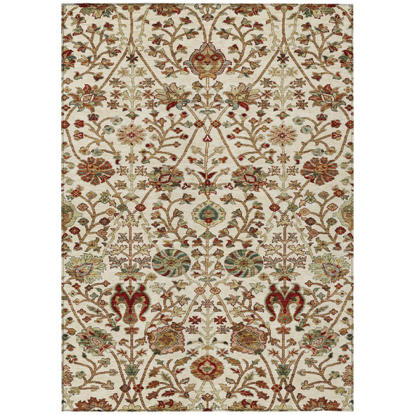5' X 8' Ivory Brown And Red Floral Washable Indoor Outdoor Area Rug