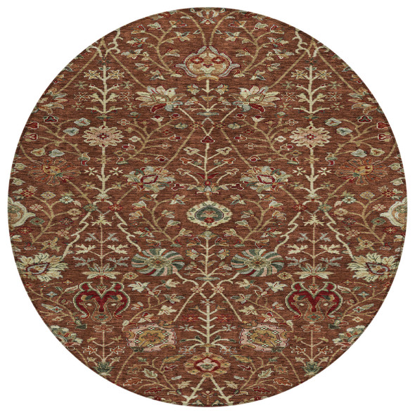 8' Brown Tan And Red Round Floral Washable Indoor Outdoor Area Rug