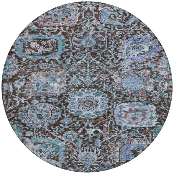 8' Chocolate And Aqua Round Damask Washable Indoor Outdoor Area Rug