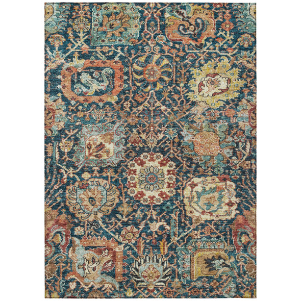 10' X 14' Navy Blue Terra Cotta And Beige Damask Washable Indoor Outdoor Area Rug