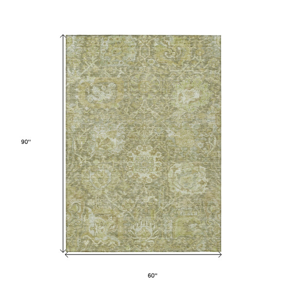 5' X 8' Sage And Green Damask Washable Indoor Outdoor Area Rug