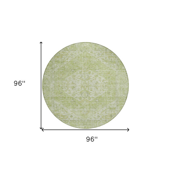8' Sage And Ivory Round Oriental Washable Indoor Outdoor Area Rug