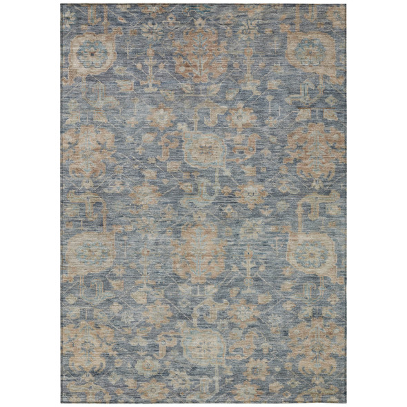 9' X 12' Denim Blue Brown And Beige Damask Washable Indoor Outdoor Area Rug