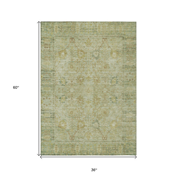 3' X 5' Sage Green And Brown Oriental Washable Indoor Outdoor Area Rug
