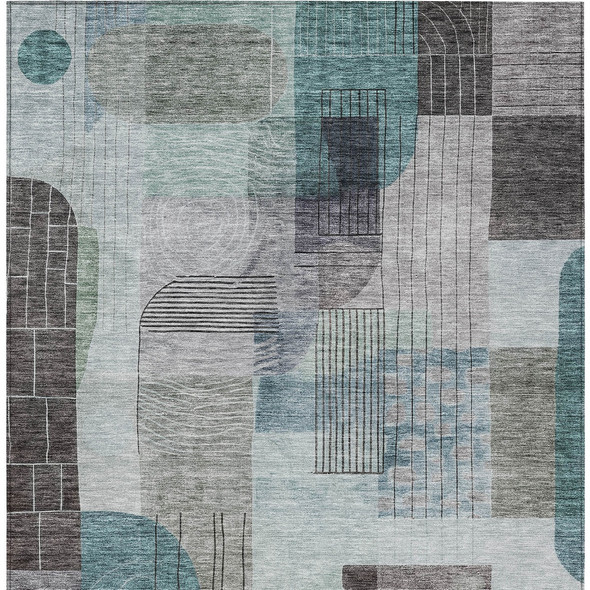 3' X 5' Teal Blue Gray And Charcoal Abstract Washable Indoor Outdoor Area Rug