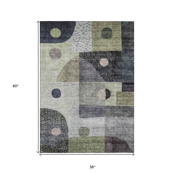 3' X 5' Artichoke Green Gray And Charcoal Geometric Washable Indoor Outdoor Area Rug