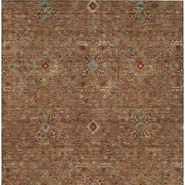 8' X 10' Brown Red And Green Floral Washable Indoor Outdoor Area Rug