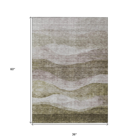 3' X 5' Taupe And Beige Abstract Washable Indoor Outdoor Area Rug