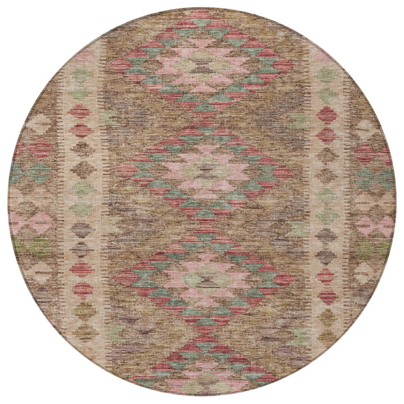 8' Brown Round Geometric Washable Indoor Outdoor Area Rug