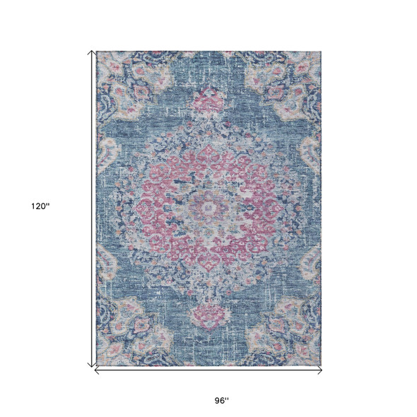 8' X 10' Blue Floral Medallion Washable Indoor Outdoor Area Rug