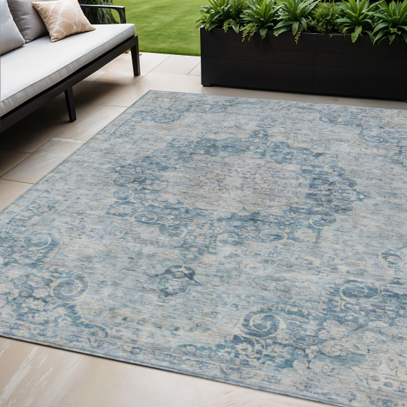 5' X 8' Blue Floral Medallion Washable Indoor Outdoor Area Rug
