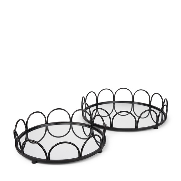 Set of Two Black And Silver Metal And Mirrored Glass Round Vanity Trays