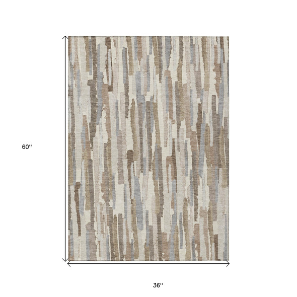 3' X 5' Ivory And Beige Striped Washable Indoor Outdoor Area Rug