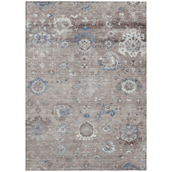 5' X 8' Taupe And Brown Floral Washable Indoor Outdoor Area Rug