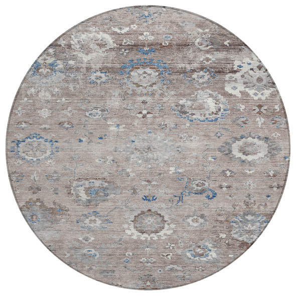 8' Taupe And Brown Round Floral Washable Indoor Outdoor Area Rug