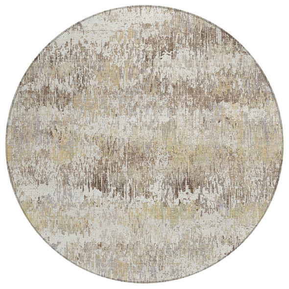 8' Ivory And Taupe Round Striped Washable Indoor Outdoor Area Rug