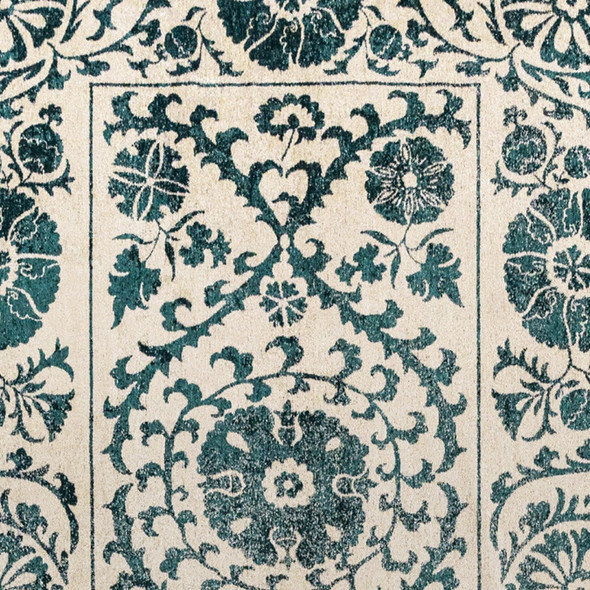 6' X 8' Beige And Blue Tribal Washable Area Rug With UV Protection