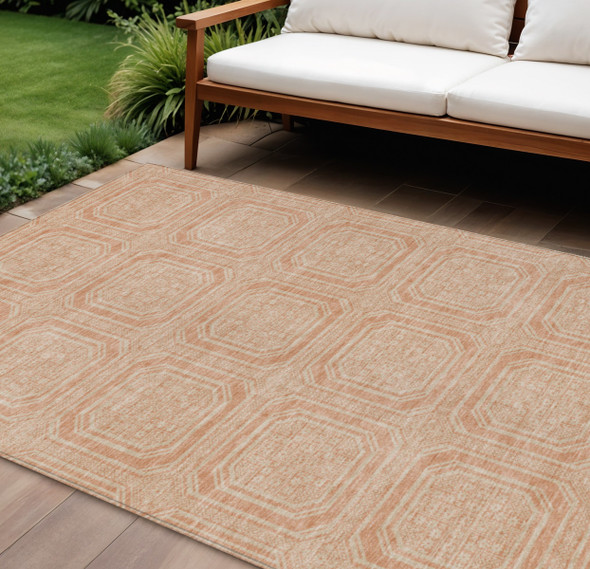 9' X 12' Peach And Beige Geometric Washable Indoor Outdoor Area Rug