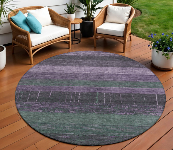 8' Purple And Olive Green Round Striped Washable Indoor Outdoor Area Rug