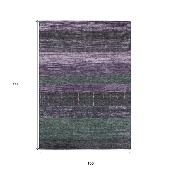 9' X 12' Purple And Olive Green Striped Washable Indoor Outdoor Area Rug