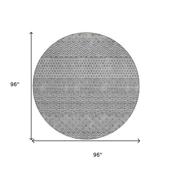 8' Gray And Silver Round Chevron Washable Indoor Outdoor Area Rug