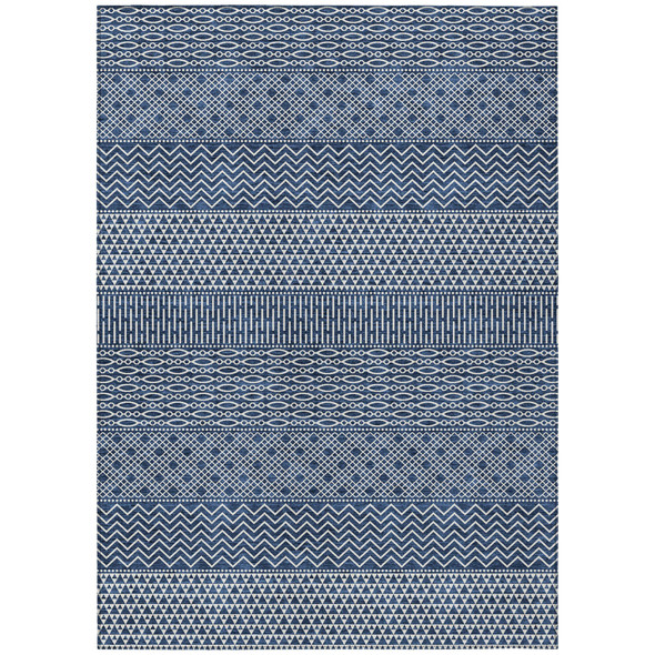 8' X 10' Navy Blue And Ivory Chevron Washable Indoor Outdoor Area Rug