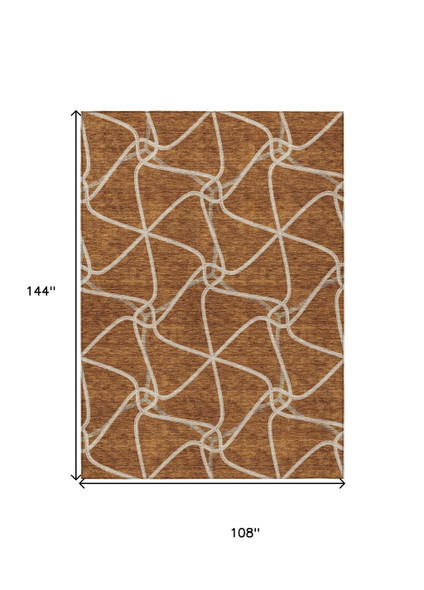 9' X 12' Orange And Ivory Geometric Washable Indoor Outdoor Area Rug
