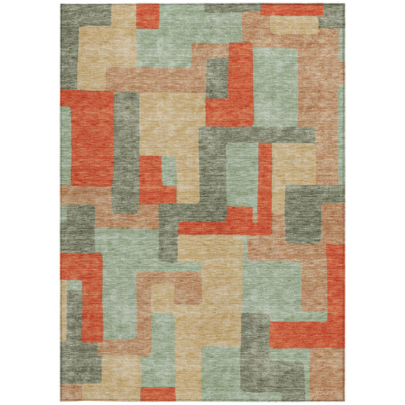 9' X 12' Sage Gray And Orange Geometric Washable Indoor Outdoor Area Rug