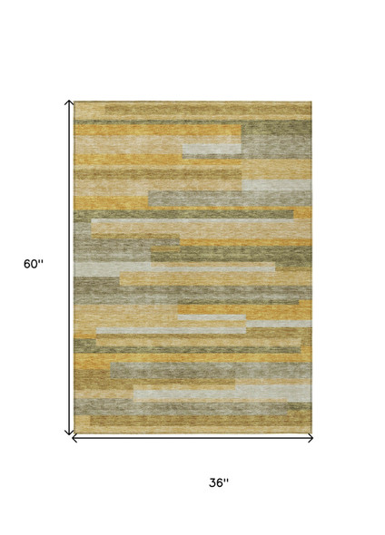 3' X 5' Gold Wheat And Ivory Striped Washable Indoor Outdoor Area Rug