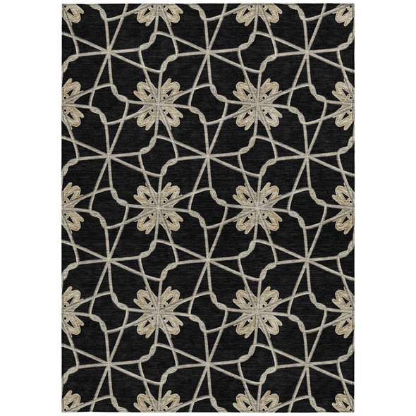 8' X 10' Black And Ivory Geometric Washable Indoor Outdoor Area Rug