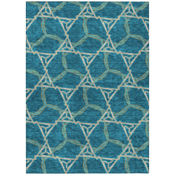 9' X 12' Teal Blue And Beige Geometric Washable Indoor Outdoor Area Rug