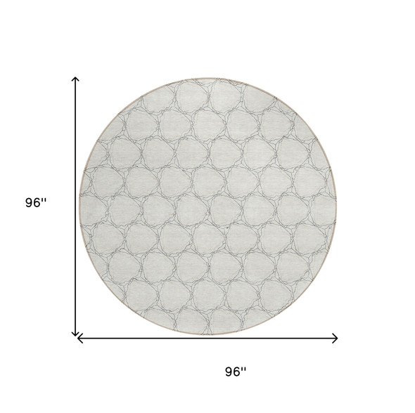 8' Ivory And Black Round Geometric Washable Indoor Outdoor Area Rug