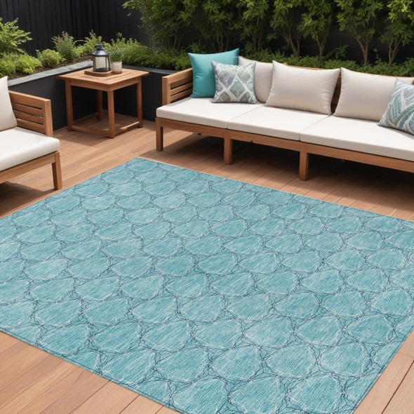 9' X 12' Teal Blue And Navy Blue Geometric Washable Indoor Outdoor Area Rug