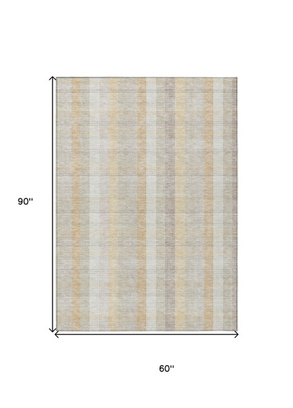 5' X 8' Ivory Beige And Tan Plaid Washable Indoor Outdoor Area Rug